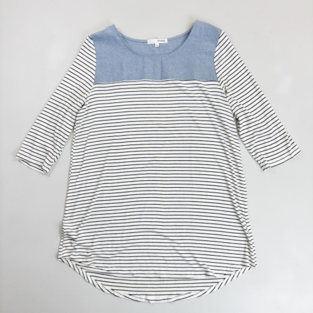 MINIMI Popover Top JRS XL Striped Knit Chambray Placket 3/4 Sleeve Soft Draped